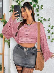 PUNK 大码纯色镂空短款针织毛衣，春夏 - 粉色 - 查看 4