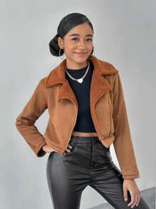 Teenage Girls American Casual Jacket, Warm Faux Suede Lapel Plush Lining - Camel - View 3