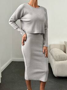 EURMUSE Solid Dolman Sleeve Ribbed Knit Tee & Pencil Skirt - Beige - View 4