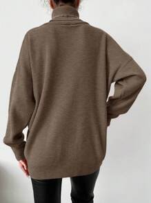 EURMUSE 女款純色高領落肩毛衣 - 摩卡棕 - 查看 2