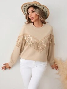 SHEIN VCAY Women's Round Neck Patchwork Fringe Casual Sweatshirt, Autumn Winter