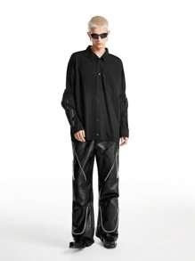 NEON BLANC Men's Cotton Blended Patchwork Knit Loose Turndown Collar Casual Printed Shirt - Black - View 5