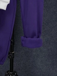 SHEIN 2 件套青少年男童休闲宽松舒适连帽衫和运动裤套装，带卡通字母印花，保暖内衬，加厚 - 紫色 - 查看 6