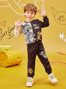 TOM & JERRY X SHEIN 2pcs/Set Young Boy Casual Cartoon Animal Print Brown Colorblock Sweatshirt And Sweatpants Set, Spring & Autumn Tracksuits - Brown - View 10
