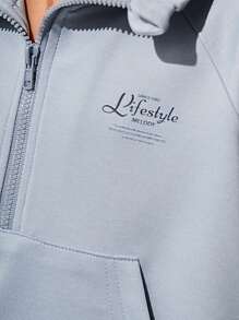 SHEIN Sudadera informal con cuello alto, cremallera y estampado para niñas, diseño simple y elegante para exteriores y uso cotidiano