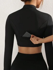 SHEIN Sports Áo nỉ thể thao bó sát có khóa kéo màu trơn dành cho nữ Áo nỉ mùa thu - màu đen - Xem 3