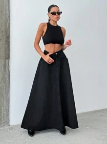 SHEIN Cottnline 100% Cotton High Waist Long Denim Skirt - Black - View 4