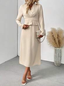 Chiquease Robe décontracté à manches longues et col en V simple de couleur unie pour femme - Nude - Voir 5