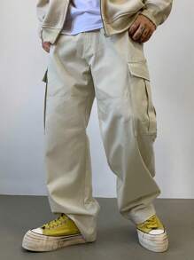 DAZY Men's Solid Color Cargo Straight Loose Pants, For Fall Men Joggers - Beige - View 8