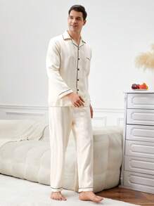 2pcs Men's Contrast Binding Pajama Set - Long Sleeve Top And Pants - Champagne - View 7