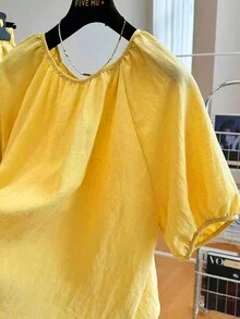 INAWLY 2 件大码女式纯色圆领插肩袖休闲宽松上衣和短裤套装，夏季 - 黃色 - 查看 3