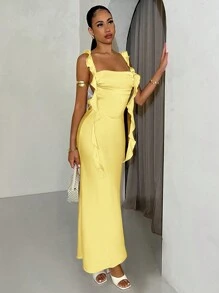 SHEIN BAE Vestido largo de mujer con tirantes finos, cuello con drapeado y espalda descubierta para vacaciones, vestido de graduación y boda