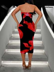 SHEIN SXY 女士休闲简约百合花卉印花紧身长裙，春夏秋季返乡节连衣裙