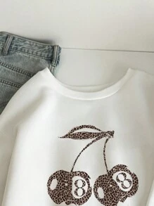 SHEIN EZwear 休闲简约豹纹樱花印花白色圆领长袖厚宽松女式运动衫，秋冬，长袖上衣 - 白色 - 查看 3