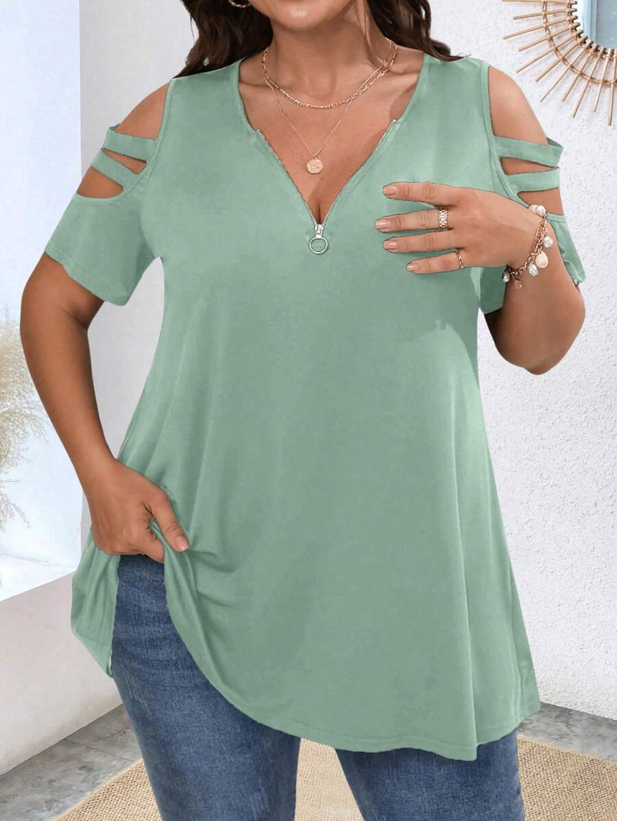 SHEIN LUNE 大码女式夏季纯色拉链半襟露肩短袖休闲 T 恤 - 綠色 - 查看 1