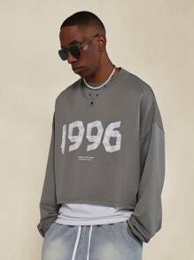 SUMWON Lightweight Crew Neck Sweatshirt With Tape Print Detail Autumn Casual Long Sleeve Athletic Workout Gym Running Pullover - Grey - View 1