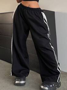 Flirla Quần Jogger cạp co giãn sọc cỡ lớn có đường xẻ bên hông và viền dây rút - màu đen - Xem 3