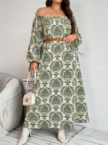 SHEIN LUNE Plus Size Long Sleeve Off Shoulder Pleated Casual Dress,Elegant Wedding Guest White Autumn Sequin Loose Comfortable Green Vintage Women Dresses - Green - View 5