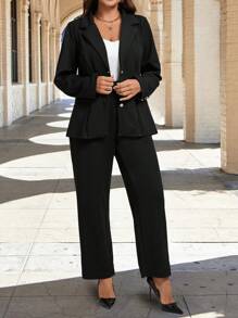 SHEIN Clasi Plus Size Women's Spring Autumn Solid Color Notched Collar Long Sleeve Blazer And Pants Elegant Commuter Suit Graduation,Back To School,Teacher Outfits For Women