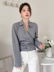 DAZY 1pc Women Plain Long Sleeve Wrap Around Shirt,Fall Clothes - Dusty Blue - View 6