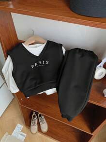 SHEIN Leap Crew 3 件装男婴字母印花圆领短袖上衣和纯色裤子套装 - 黑色 - 查看 3