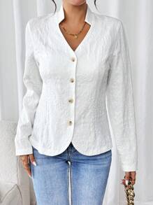 SHEIN Unity Women's Simple Solid Color Button-Up Long Sleeve Jacket, Casual Wear Fall Cloth For Women - White - View 4