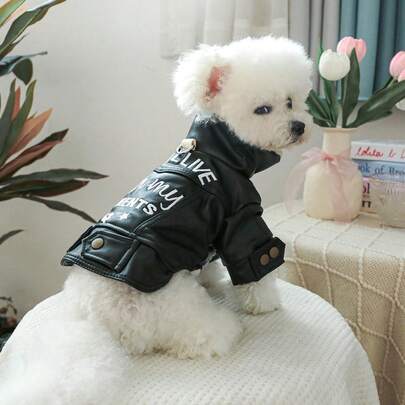 PETSIN 1 件带刺绣的黑色仿皮抓绒宠物夹克，适合牵绳，秋冬季