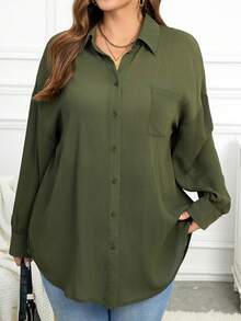 SHEIN LUNE Camisa casual de manga larga, holgada, de caída de hombros, de color verde oliva, talla grande, para primavera/verano - Verde militar - Ver 7