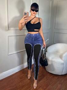 SHEIN SXY Digital Print High Elasticity Skinny Leggings Leggings Set - Blue - View 3