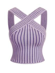 Flirla Plus Size Casual Stripe Halter Knit Blouse, Summer - Purple - View 1