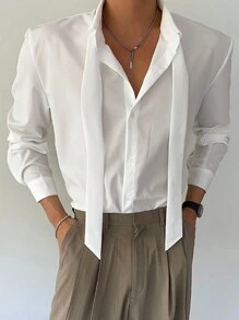 SHEIN X Scheana DAZY Men's Solid Color Long Sleeve Casual Commuter Shirt, Autumn, Fall Business Attire - White - View 6