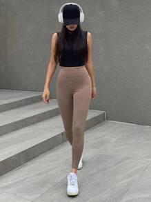DAZY 纯色宽腰带打底裤，返校季秋季紧身裤 - 卡其色 - 查看 3
