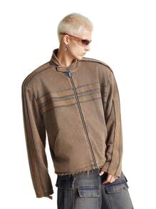 Manfinity VCAY 男士街头风格针织插肩袖撞色拉链立领赛车夹克，适合秋冬季 - 黑色 - 查看 2