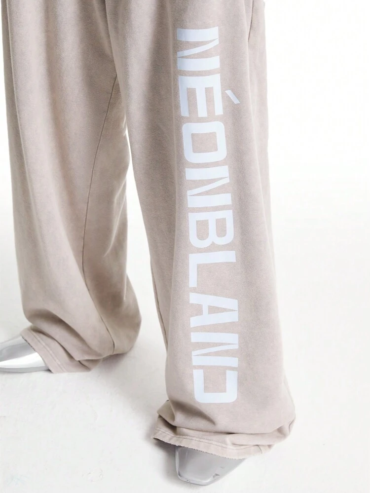 Men's Street Style Acid-Washed Knitted Loose Wide-Leg Baggy Sweatpants, Suitable For Fall & Winter