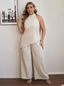 Flirla Cămașă Texturată Asimetrică și Pantaloni Texturați De Femei Dimensiuni Plus - Caisă - Vizualizare 5