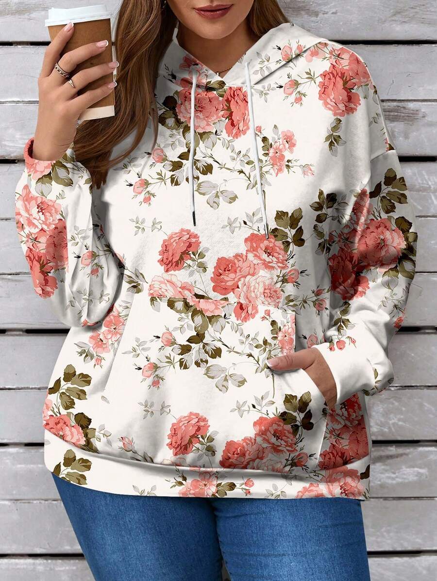 EMERY ROSE Áo nỉ rộng rãi in hoa thường ngày cỡ lớn có mũ trùm đầu có túi cho nữ, mùa thu/đông - trắng - Xem 1