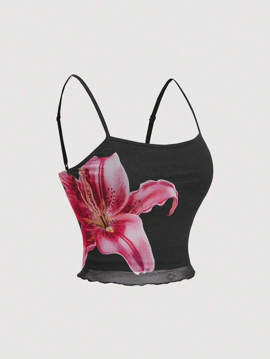 SHEIN MOD 黑色和粉色大号花卉印花 Y2k 吊带背心