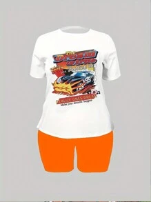 INAWLY Women Summer Alphabet Car Print Round Neck Short Sleeve Casual T-Shirt And Shorts Set - Multicolor - View 3