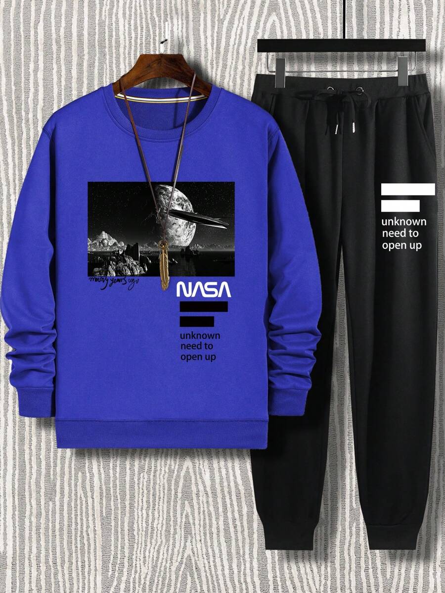 Manfinity Homme 2pcs Men Letter & Graphic Print Crewneck Sweatshirt And Drawstring Jogger Pants Casual Set - Multicolor - View 1