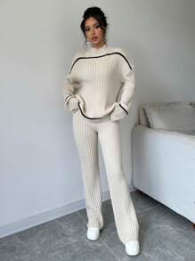 Selianne 2pcs Women Contrast Striped Print Turtleneck Sweater And Solid Color Pants Set Fall Winter Cloth For Women - Apricot - View 5