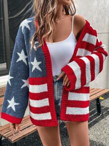 SHEIN LUNE 女士国旗印花针织开衫 - 紅色 - 查看 1
