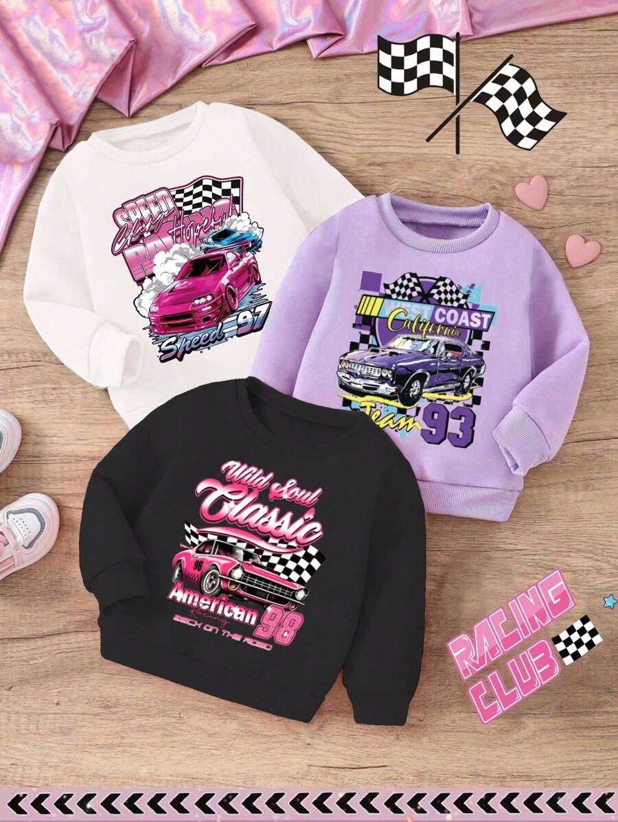 Young Girls' Racy Car Graphic Comfy Crew Neck Long Sleeve Sweatshirt - Multicolor - View 1