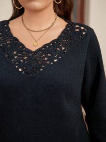 SHEIN LUNE Plus Size Women's Solid Color Casual Long Sleeve Pullover Sweater Knit Pullover Fall Winter - Black - View 4