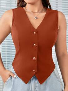 SHEIN EZwear Chaleco de traje de unicolor sin mangas para mujer de talla grande - Rosa Oxidada - Ver 1