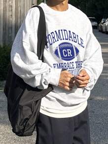 DAZY Men's Letter Print Drop Shoulder Crew Neck Pullover Sweatshirt, Autumn - Grey - View 6