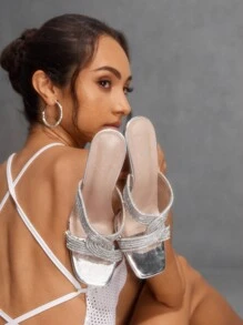 CUCCOO SZL 方头透明细高跟鞋时尚欧式水晶带女士穆勒凉鞋圣诞节 - 銀色 - 查看 7