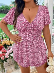 SHEIN SunnyBelle 大码 V 领短袖花卉印花休闲连体裤