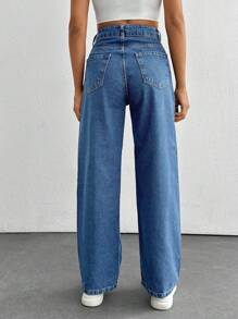 SHEIN PETITE High Waist Wide Leg Jeans - Medium Wash - View 2