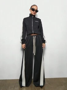 SUMWON WOMEN Wide Leg Tape Side Stripe Detail Trouser - Black - View 3