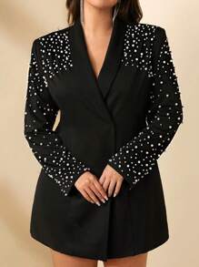 SHEIN BAE Plus Size Fall Black Embellished White Pearl Waist Suit Dress 
 Suitable For Elegant Parties And Commuting To Work - Black - View 7